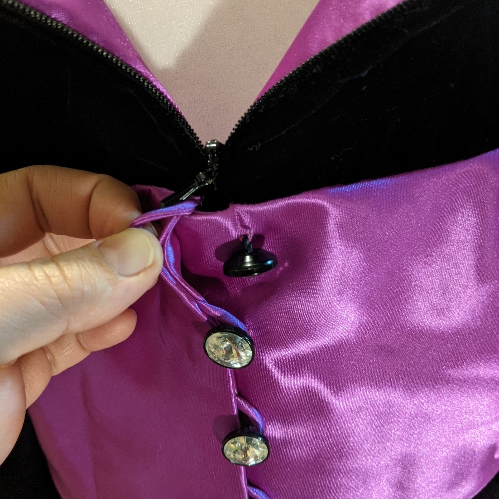 Vintage 1980''S Joan Raines New York Black Velvet Dress With Vibrant Purple Sati View 3